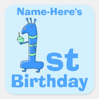 1. Geburtstag Cartoon, blau. Individuelle Name. Quadratischer Aufkleber
