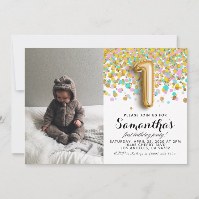 1. Geburtstag Confetti Portrait Einladung (Vorderseite)