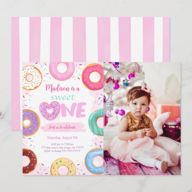 1. Geburtstag Donut Party Foto Einladung (Vorne/Hinten)