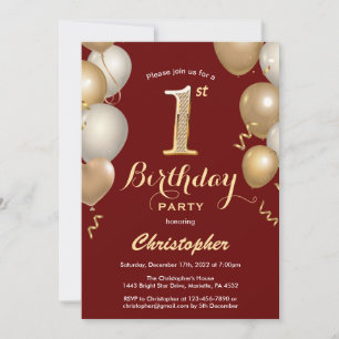 1. Geburtstag Dunkelrot und Gold Balloons Confetti Einladung