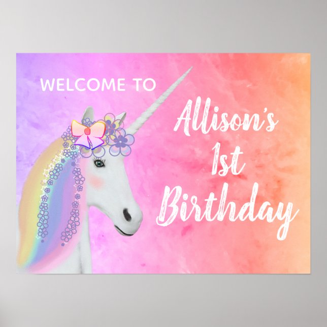 1. Geburtstag Einhorn Regenbogen Aquarell Willkomm Poster (Vorne)