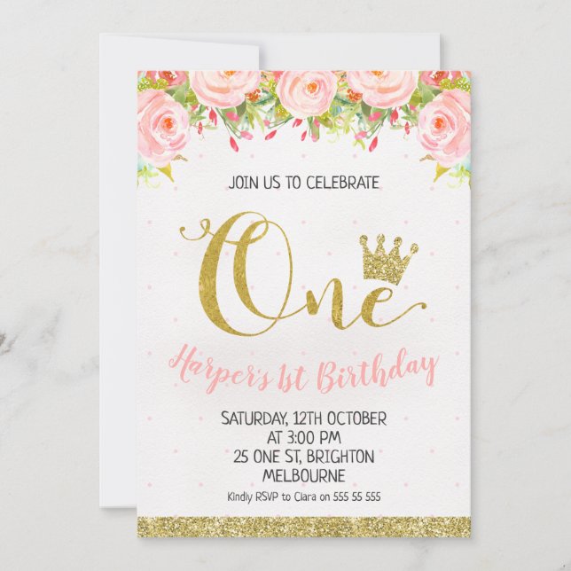 1. Geburtstag Einladung Kronen-Blumenprinzessin- (Vorderseite)