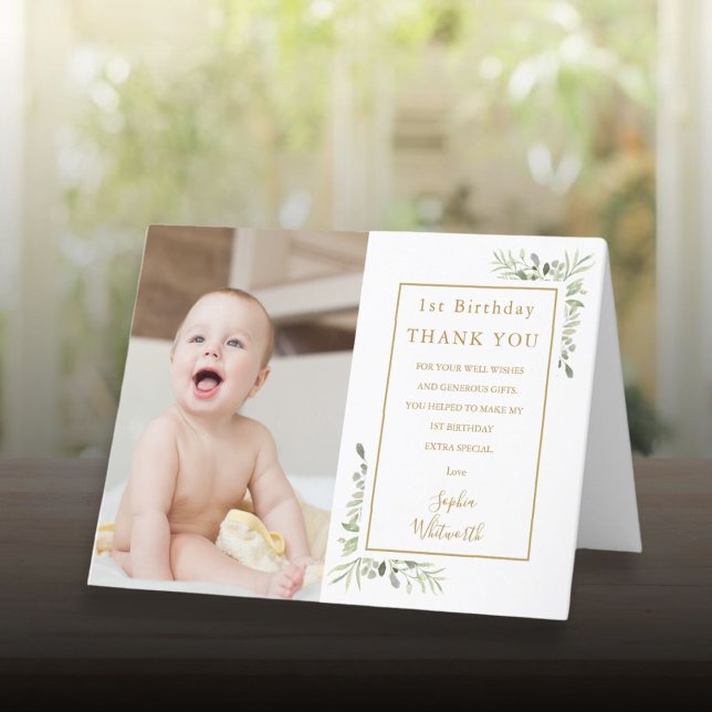 1. Geburtstag Elegantes Foto Dankeskarte (1st Birthday Elegant Gold Greenery Photo Thank You Card)