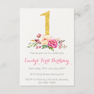 1. Geburtstag Erster Rosa Gold Floral Einladung