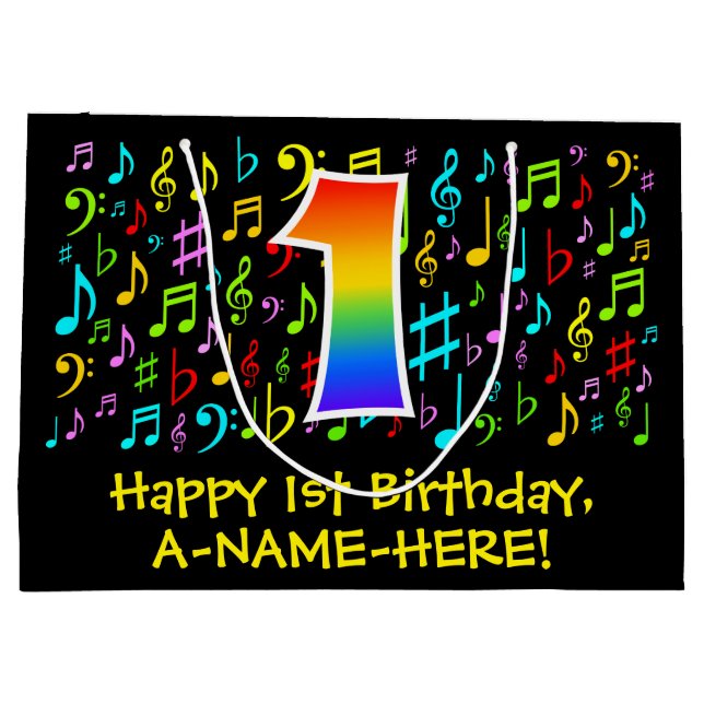 1. Geburtstag - Farbige Musiksymbole, Regenbogen 1 Große Geschenktüte (Rückseite)