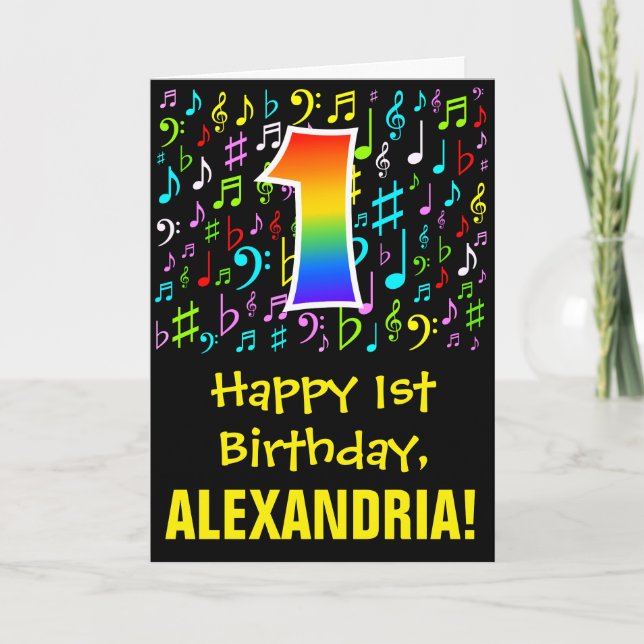 1. Geburtstag: Farbige Musiksymbole + Regenbogen 1 Karte (Vorderseite)