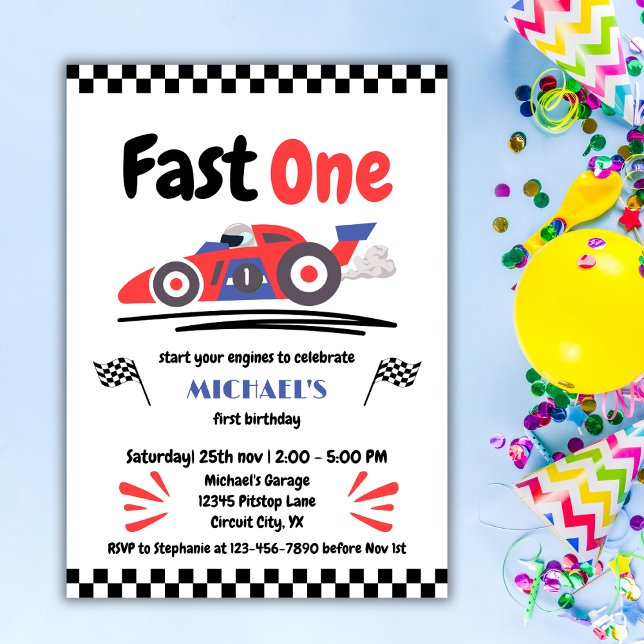1. Geburtstag Fast One Red Blue Race Car Einladung (Von Creator hochgeladen)