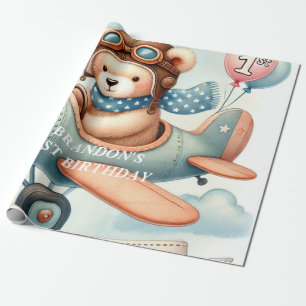 1. Geburtstag Flugzeug Junge Wasserfarbe Hoch Hoch Geschenkpapier