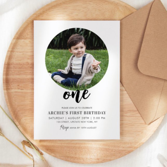 1. Geburtstag Foto Einfaches modernes Minimalbild Einladung (1st birthday invitations modern simple photo invitation template first birthday ONE)