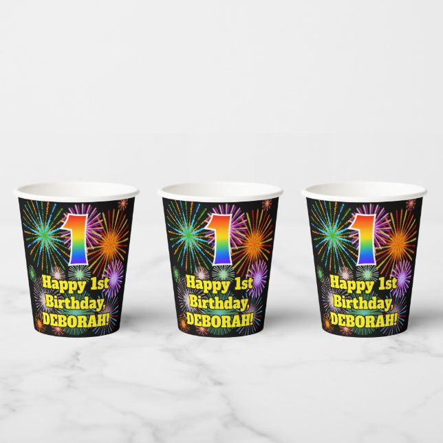 1. Geburtstag: Fun Fireworks Pattern + Regenbogen  Pappbecher (Multi)