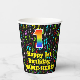 1. Geburtstag: Fun Musiknotens Pattern, Regenbogen Pappbecher