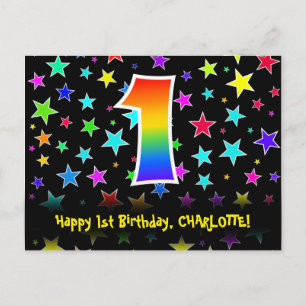 1. Geburtstag: Fun Stars Pattern, Regenbogen 1, Na Postkarte