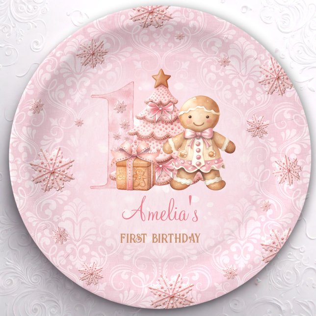 1. Geburtstag Gingerbread Mann Mädchen Pink Weihna Pappteller (1st Birthday Gingerbread Man Girl Pink Christmas Paper Plates)