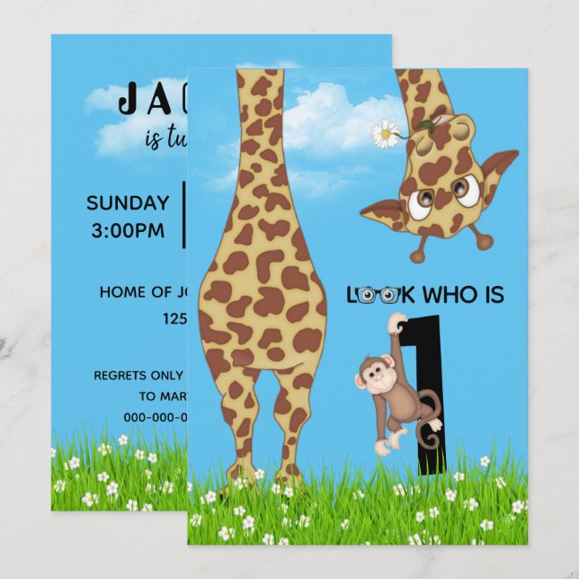 1. Geburtstag Giraffe und Affe im Gras Einladung (Vorne/Hinten)