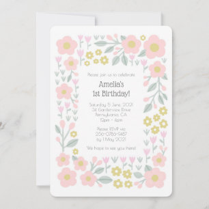 1. Geburtstag Girly Blume Pink und Gold Muster Einladung