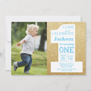 1. Geburtstag Gold Glitter und Blau Foto Einladung
