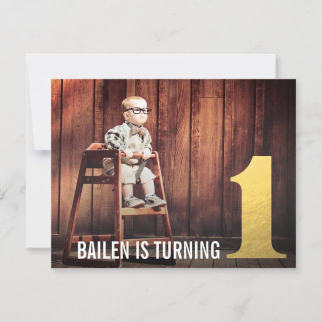 1. Geburtstag Gold Nummer 1 Foto Einladung (Vorderseite)
