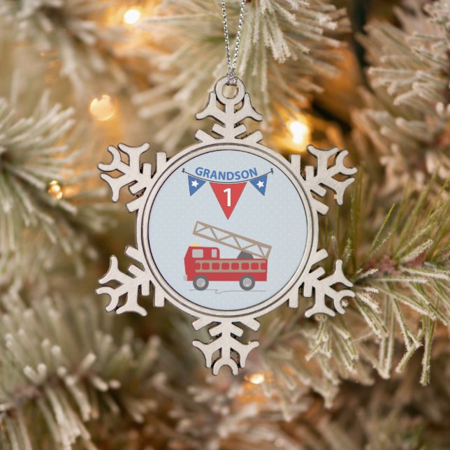 1. Geburtstag Grandson, Feuerwehrauto Schneeflocken Zinn-Ornament (Baum)