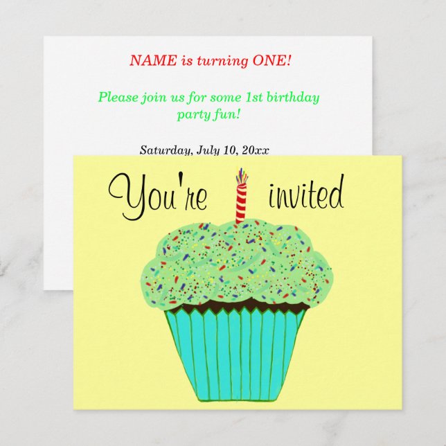 1. Geburtstag grüner Cupcake Einladung CUSTOMIZE (Vorne/Hinten)