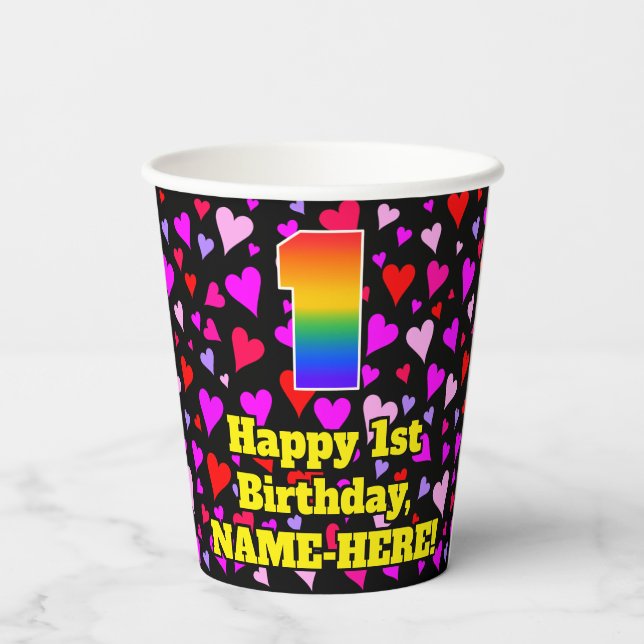 1. Geburtstag: Herzlosemuster, Regenbogen 1 Pappbecher (Rückseite)