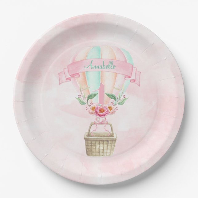 1. Geburtstag Hot Air Ballon Minze Pink Peach Pappteller (Vorderseite)