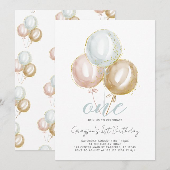 1. Geburtstag Junge One Balloons Einladung (Vorne/Hinten)