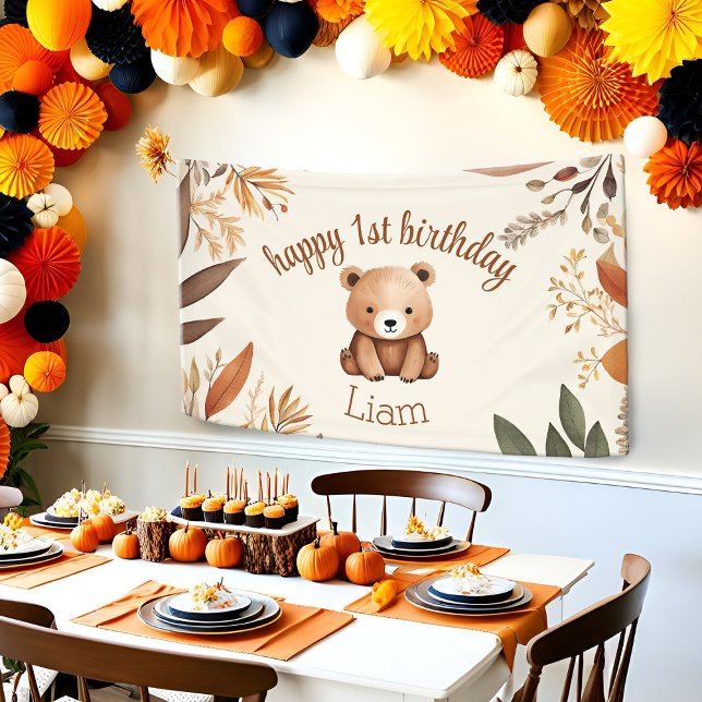 1. Geburtstag Kleiner Bären Fall Woodland Baby Ani Banner (1st birthday party baby bear wall backdrop with a boho Fall theme)