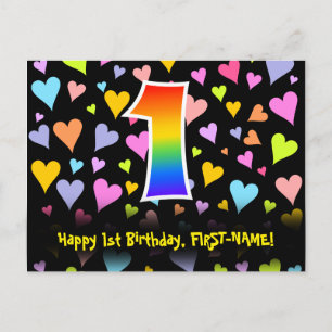1. Geburtstag: Lustiges Herzen-Muster, Regenbogen  Postkarte