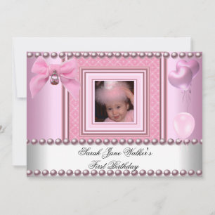 1. Geburtstag Mädchen Rosa Weiße Perle Foto Erste Einladung