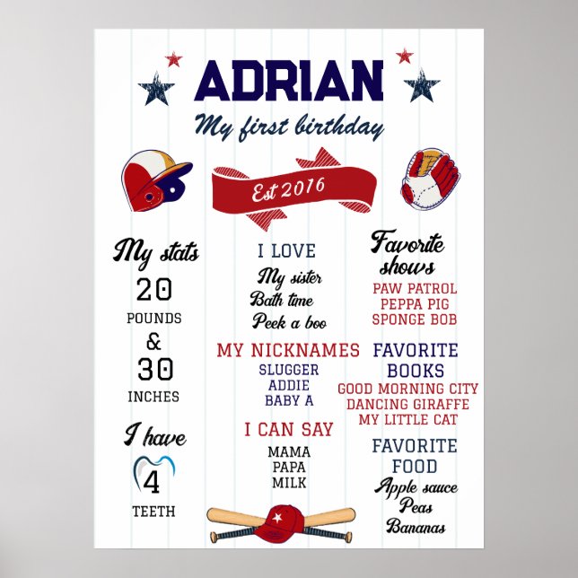 1. Geburtstag Meilenstein Baseball Poster (Vorne)