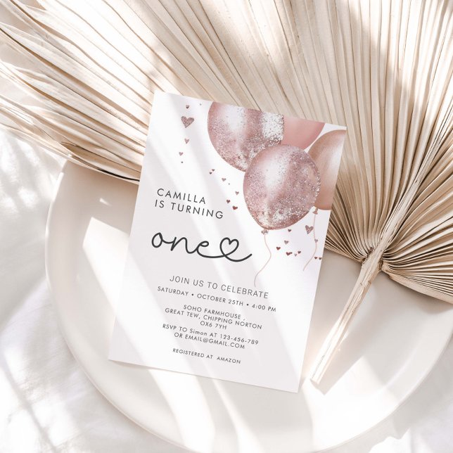 1. Geburtstag Modern Pink Balloon Girl Einladung (Von Creator hochgeladen)