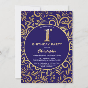 1. Geburtstag Navy Blue and Gold Floral Muster Einladung
