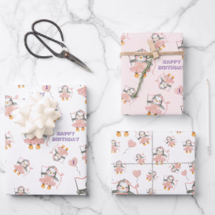 1. Geburtstag Niedlich Ballerina Pinguin Pink Geschenkpapier Set