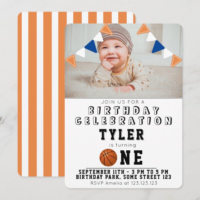 1. Geburtstag Niedlich Basketball Balls Kinder Fot Einladung (Vorne/Hinten)