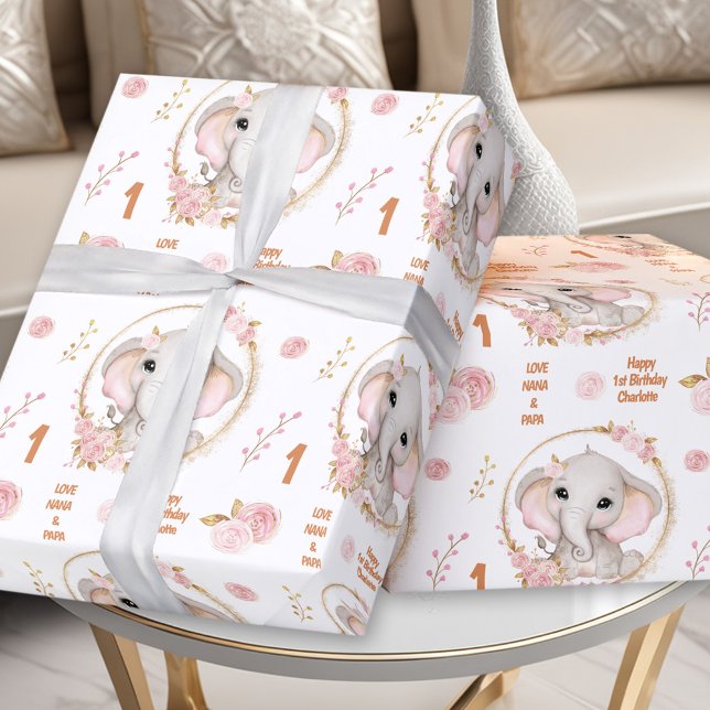 1. Geburtstag Niedlich Elephant Pink Flower Girl N Geschenkpapier (1st Birthday Cute Elephant Pink Flower Girl Name Wrapping Paper)