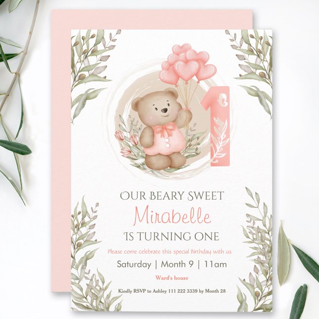 1. Geburtstag Niedlich Teddy Bären Peach Herzblase Einladung (1st Birthday Cute Teddy Bear Peach Heart Balloons Invitation)