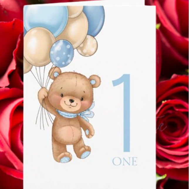 1. Geburtstag niedliche blaue Ballons Teddykarte Karte (Celebrate a special boy’s first birthday with this adorable blue balloons and teddy card. )