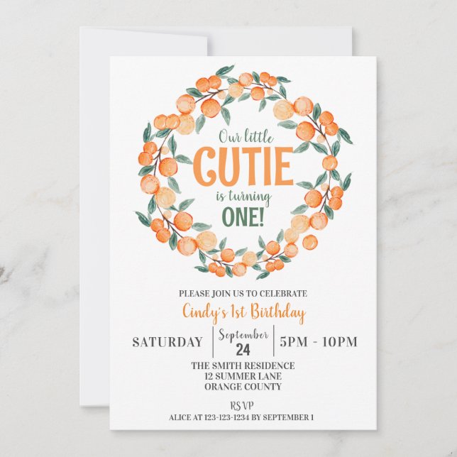 1. Geburtstag, Orangenzitruskranz Einladung (Vorderseite)