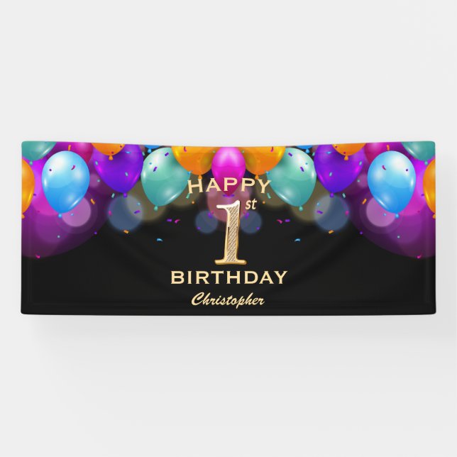 1. Geburtstag Party Black and Gold Balloons Banner (Horizontal)