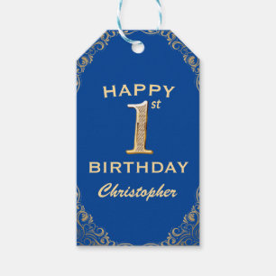 1. Geburtstag Party Blau und Gold Glitzer Rahmen Geschenkanhänger