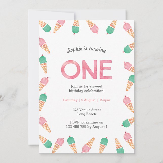1. Geburtstag Party | Einladung von Eiscreme (Vorderseite)