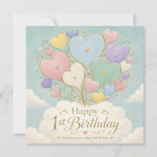 1. Geburtstag Pastell-Herzballonbouquet Karte