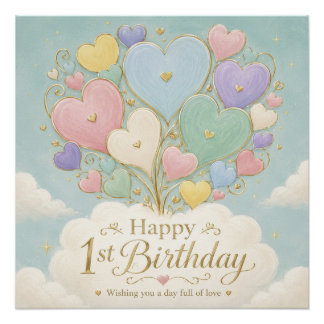 1. Geburtstag Pastell-Herzballonbouquet Poster