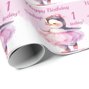 1. Geburtstag Pinguin Ballerina Pink Geschenkpapier