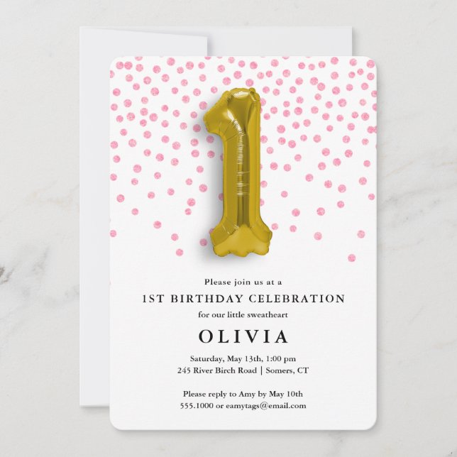 1. Geburtstag Pink Confetti und Gold Ballon Einladung (Vorderseite)