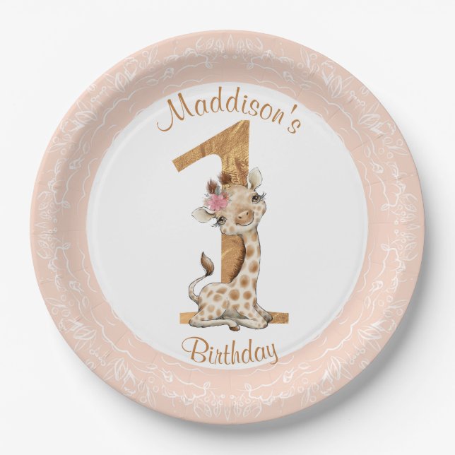 1. Geburtstag Pink Girl Baby Giraffe Papierplatte Pappteller (Vorderseite)