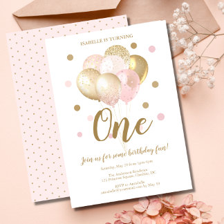 1. Geburtstag Pink Gold Glitzer Balloons Party Einladung