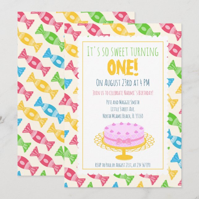 1. Geburtstag Pink Kuchen Party Einladung (Vorne/Hinten)