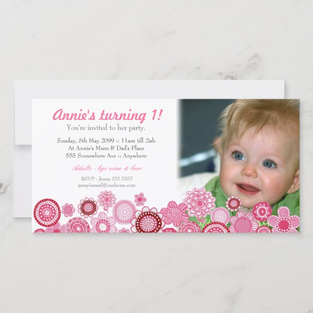 1. Geburtstag Pink-Party Einladung-Fotokarte (Vorderseite)