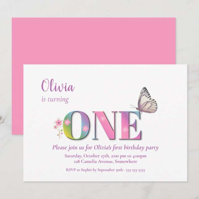 1. Geburtstag Pink Rainbow Blume & Butterfly Part Einladung (Vorne/Hinten)